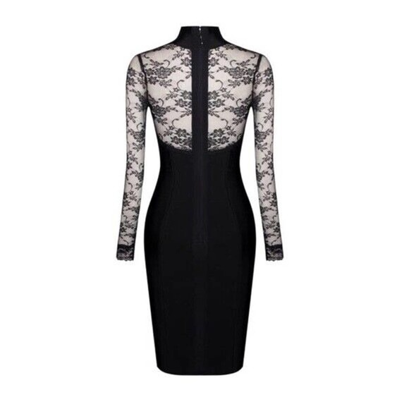 NEW DESIGNER BLACK LACE LONG SLEEVE CLASSIC BANDAGE DRESS SWEETHEART NECK SIZE L - Picture 3 of 16